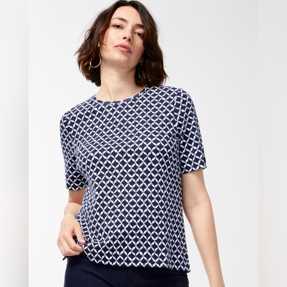 Chico's Tops - CHICO’S NWT XL 3 Cool Ikat Cotton Crew Neck Tee • Diamond Print Classic Navy